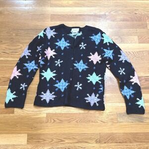 Talbots Petites‎ Black Snowflake Cardigan Sweater Pastel Ramie Linen Blend Small
